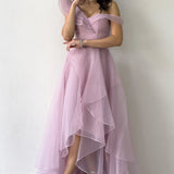 Kadın Pudra Düşük Omuz Asimetrik Etek Tül Abiye Elbise