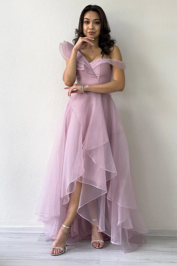 Kadın Pudra Düşük Omuz Asimetrik Etek Tül Abiye Elbise