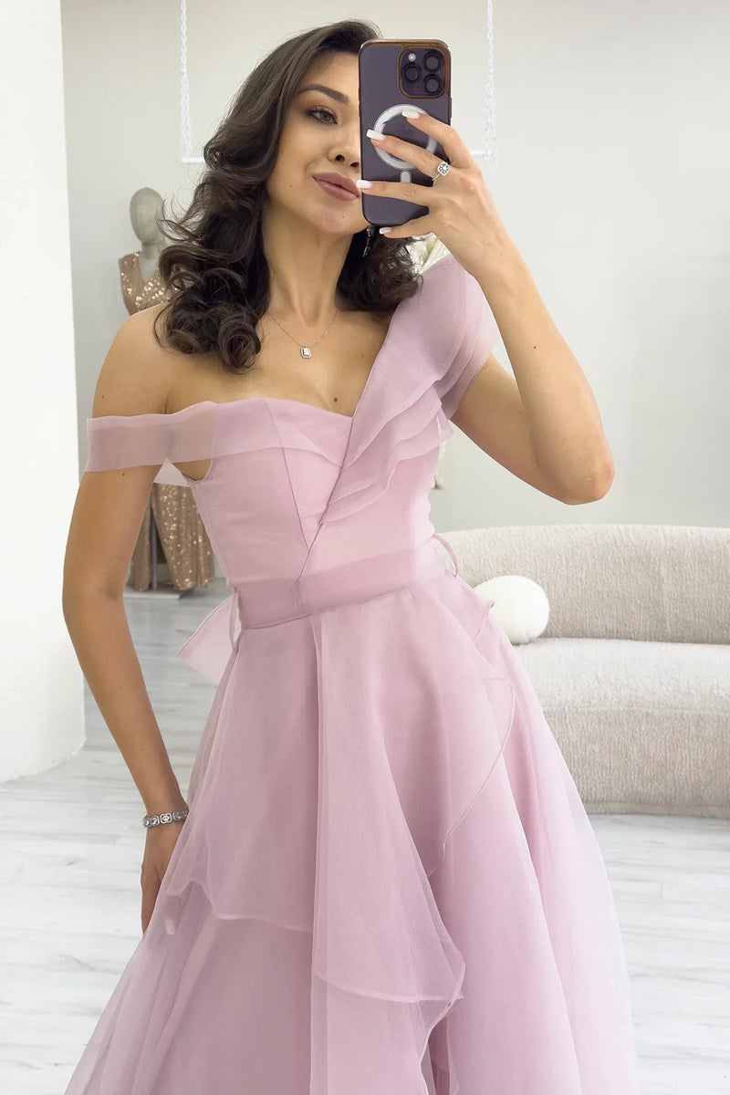 Kadın Pudra Düşük Omuz Asimetrik Etek Tül Abiye Elbise