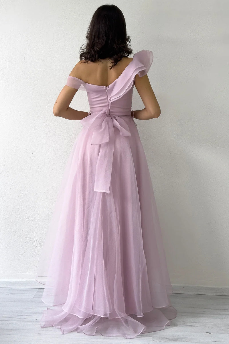 Kadın Pudra Düşük Omuz Asimetrik Etek Tül Abiye Elbise