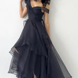 Kadın Siyah Düşük Omuz Asimetrik Etek Tül Abiye Elbise