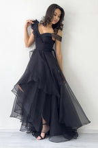 Kadın Siyah Düşük Omuz Asimetrik Etek Tül Abiye Elbise