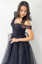 Kadın Siyah Düşük Omuz Asimetrik Etek Tül Abiye Elbise