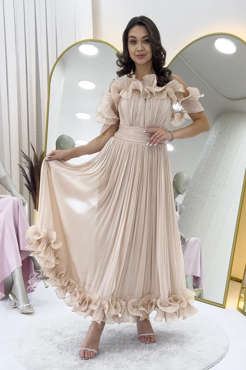 Krem Düşük Omuz Askılı Volan Detaylı Midi Boy Abiye Elbise 