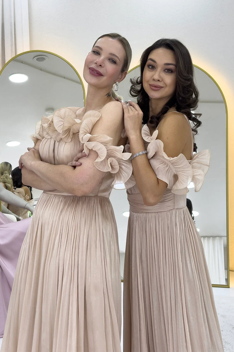 Krem Düşük Omuz Askılı Volan Detaylı Midi Boy Abiye Elbise 