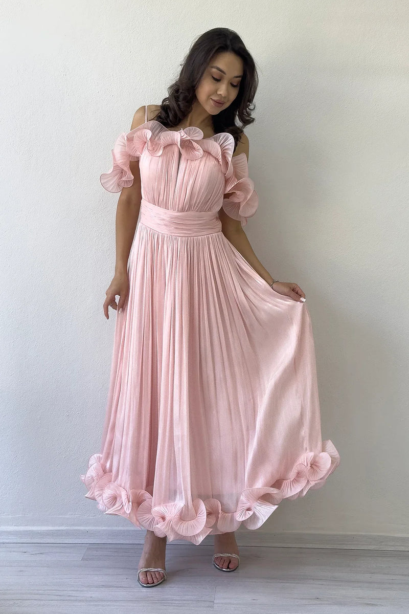 Pudra Düşük Omuz Askılı Volan Detaylı Midi Boy Abiye Elbise 