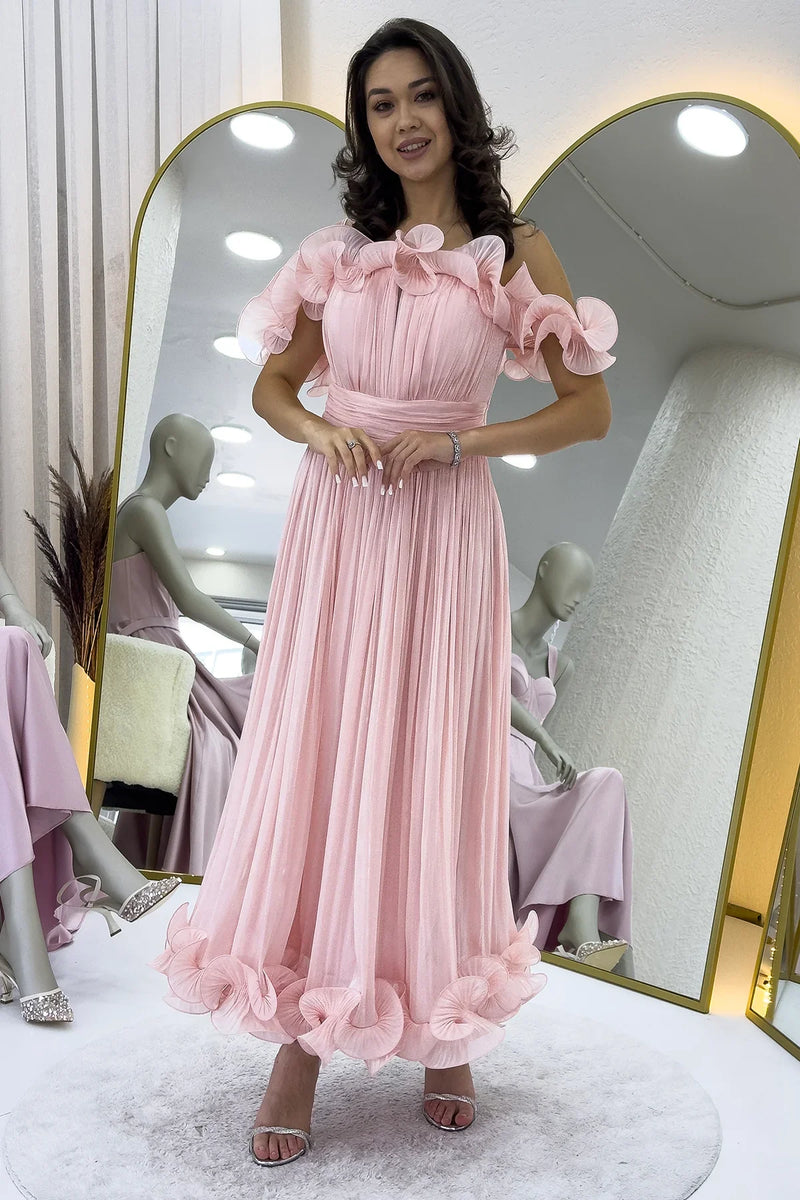 Pudra Düşük Omuz Askılı Volan Detaylı Midi Boy Abiye Elbise 