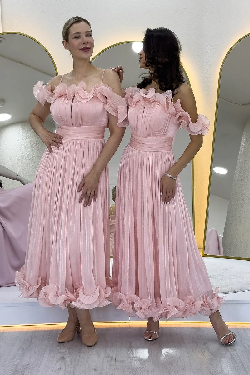 Pudra Düşük Omuz Askılı Volan Detaylı Midi Boy Abiye Elbise 