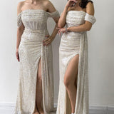 Kadın Düşük Omuz Bej Pul Payet Yırtmaçlı Abiye Elbise