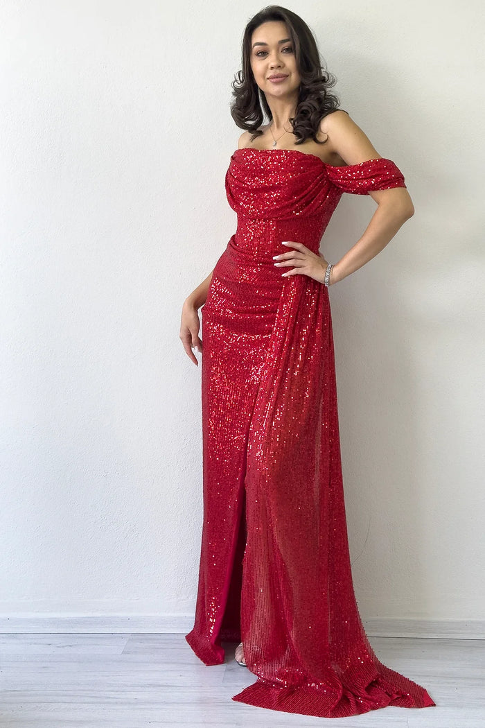 Kadın Düşük Omuz Kırmızı Pul Payet Yırtmaçlı Abiye Elbise