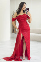 Kadın Düşük Omuz Kırmızı Pul Payet Yırtmaçlı Abiye Elbise