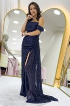 Kadın Düşük Omuz Lacivert Pul Payet Yırtmaçlı Abiye Elbise