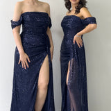 Kadın Düşük Omuz Lacivert Pul Payet Yırtmaçlı Abiye Elbise