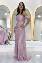 Kadın Düşük Omuz Pudra Pul Payet Yırtmaçlı Abiye Elbise