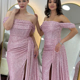 Kadın Düşük Omuz Pudra Pul Payet Yırtmaçlı Abiye Elbise