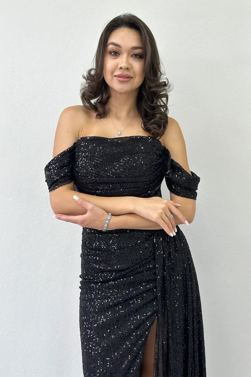 Kadın Düşük Omuz Siyah Pul Payet Yırtmaçlı Abiye Elbise