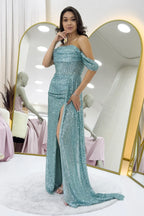 Kadın Düşük Omuz Su Yeşili Pul Payet Yırtmaçlı Abiye Elbise