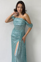 Kadın Düşük Omuz Su Yeşili Pul Payet Yırtmaçlı Abiye Elbise