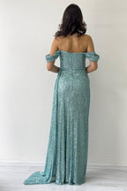 Kadın Düşük Omuz Su Yeşili Pul Payet Yırtmaçlı Abiye Elbise