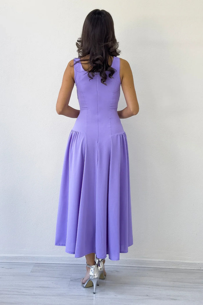 Lila Kare Yaka Kalın Askılı Kloş Elbise