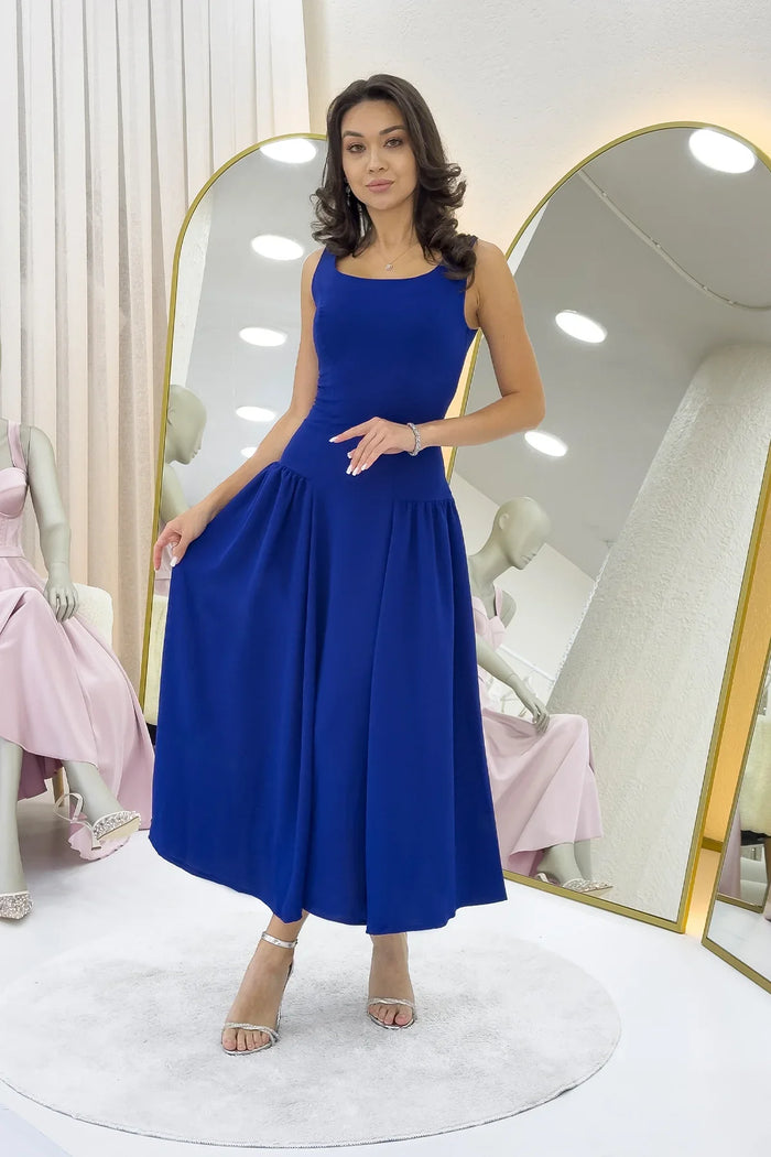 Saks Mavi  Kare Yaka Kalın Askılı Kloş Elbise