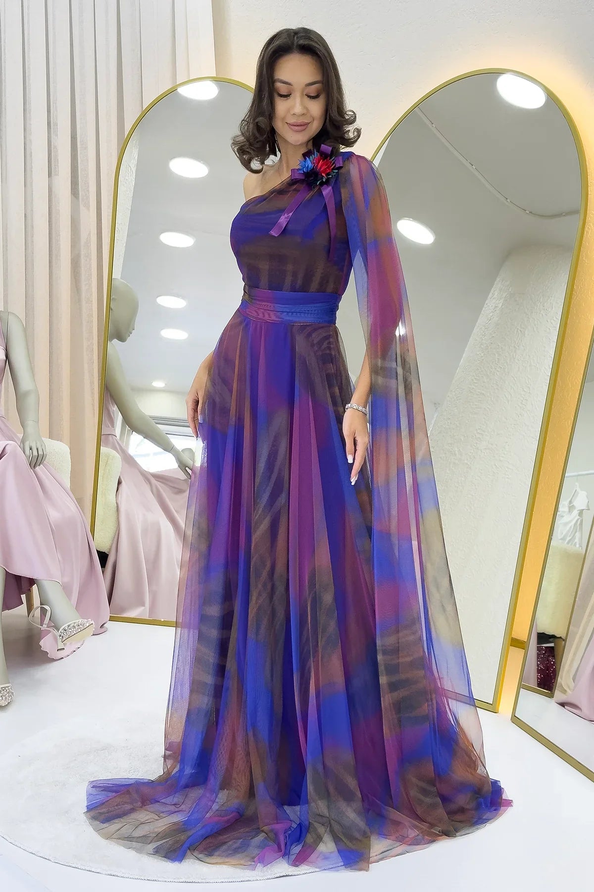 Mor Batik Desenli Tek Omuz Tül Detaylı Abiye Elbise 