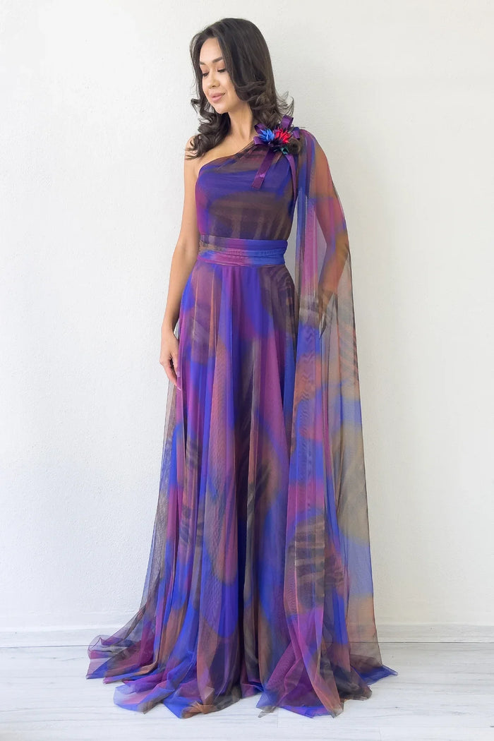 Mor Batik Desenli Tek Omuz Tül Detaylı Abiye Elbise 