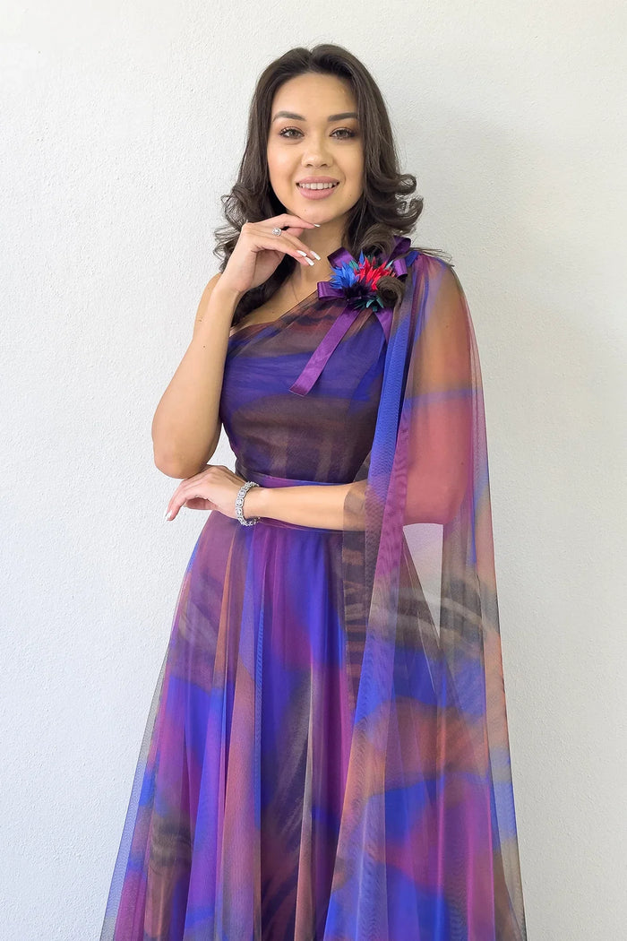 Mor Batik Desenli Tek Omuz Tül Detaylı Abiye Elbise 