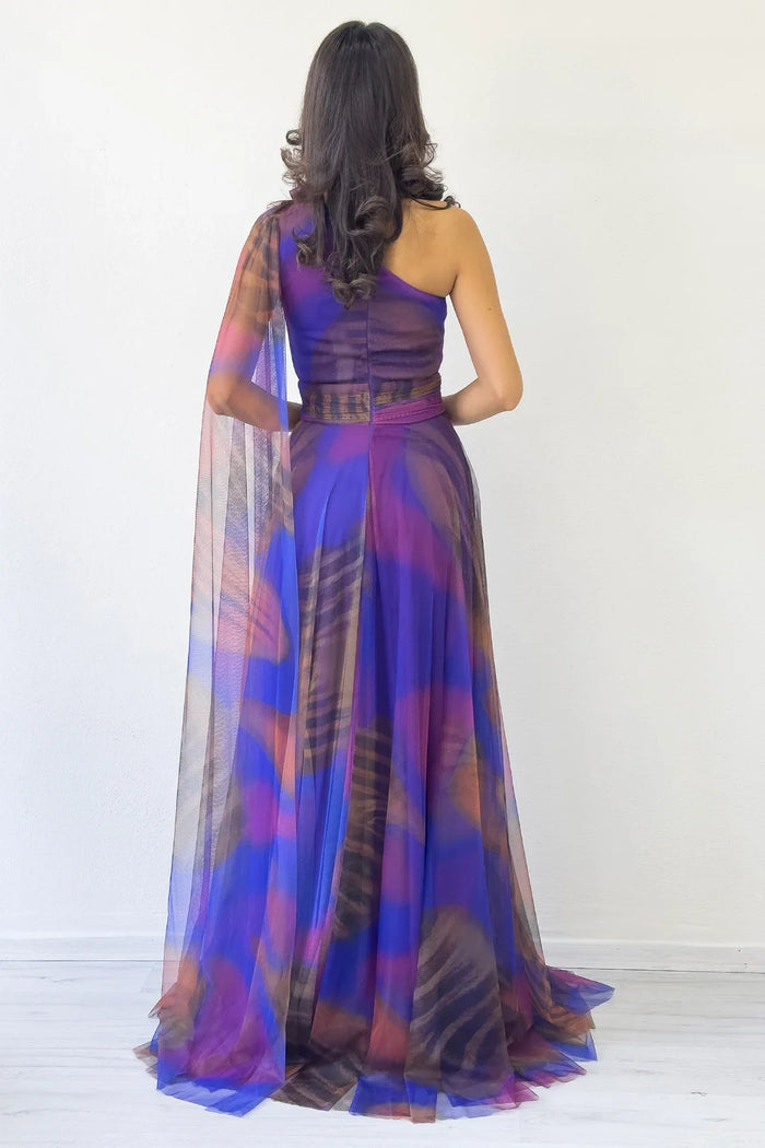 Mor Batik Desenli Tek Omuz Tül Detaylı Abiye Elbise 