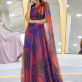 Turuncu Batik Desenli Tek Omuz Tül Detaylı Abiye Elbise