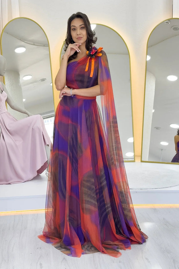 Turuncu Batik Desenli Tek Omuz Tül Detaylı Abiye Elbise 