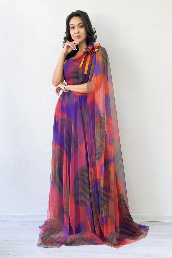 Turuncu Batik Desenli Tek Omuz Tül Detaylı Abiye Elbise 