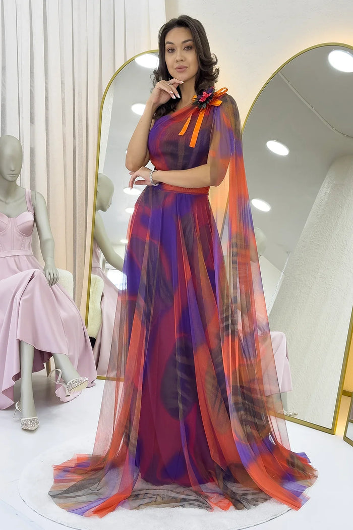 Turuncu Batik Desenli Tek Omuz Tül Detaylı Abiye Elbise 