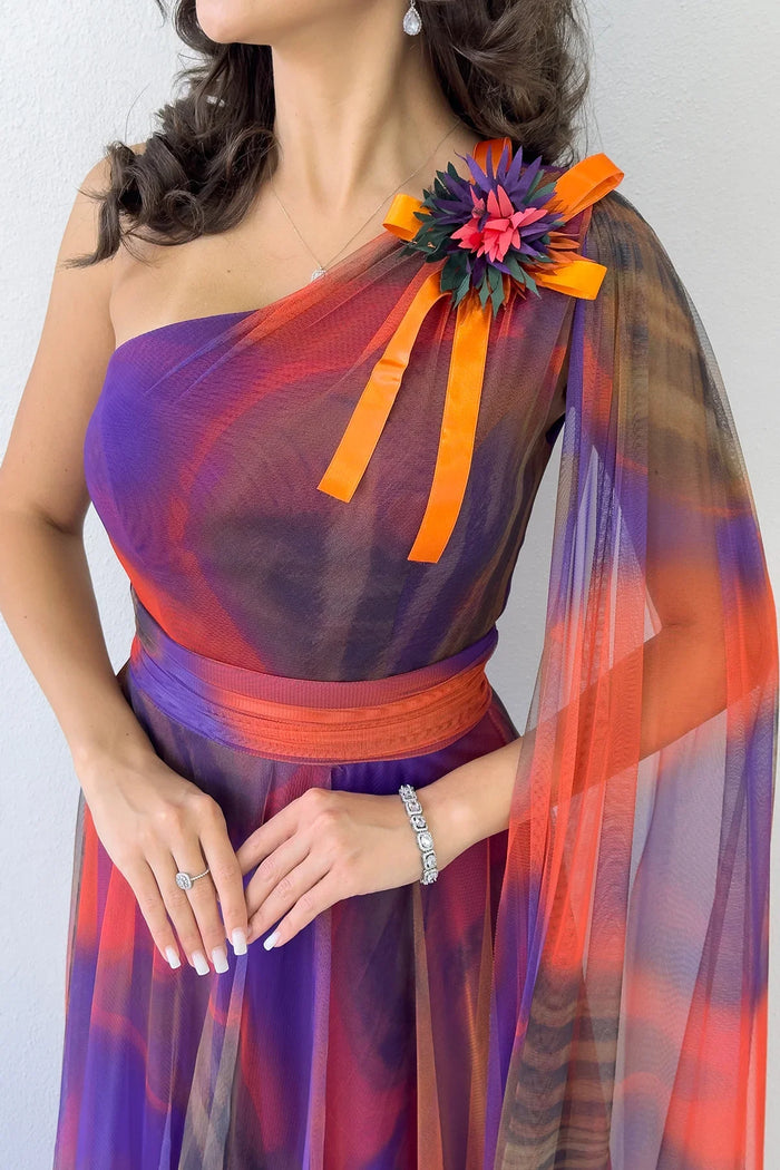 Turuncu Batik Desenli Tek Omuz Tül Detaylı Abiye Elbise 