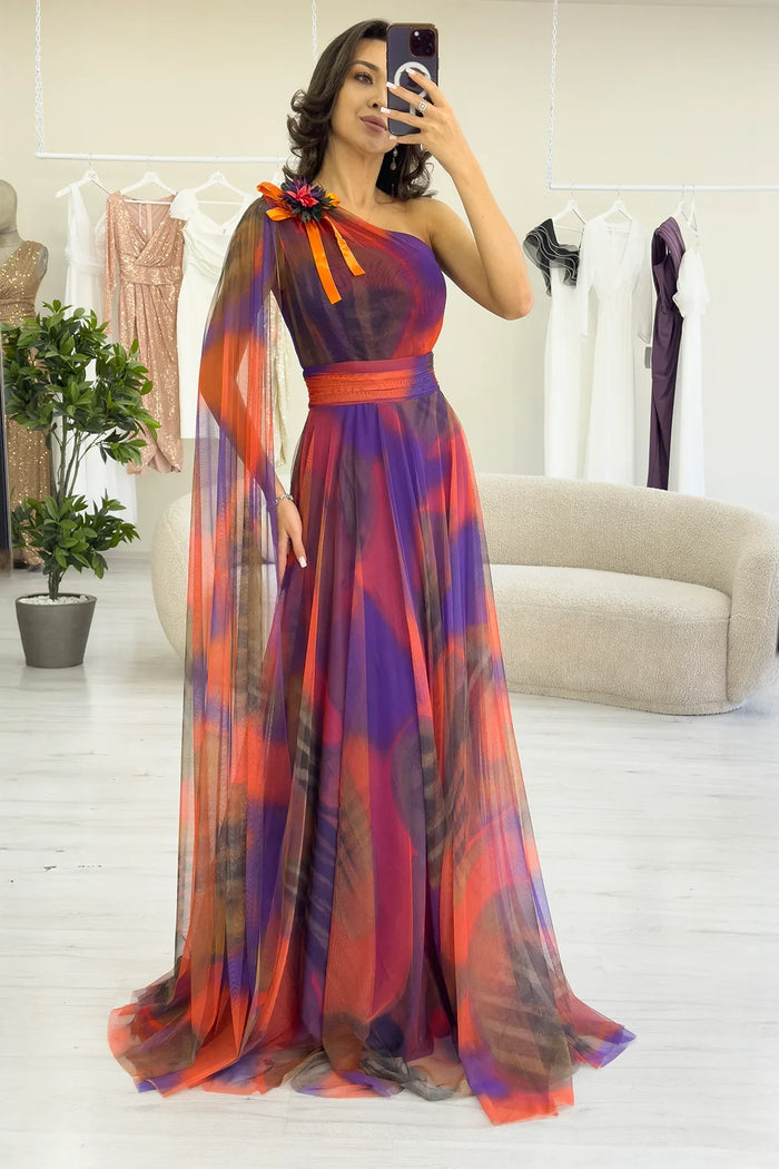 Turuncu Batik Desenli Tek Omuz Tül Detaylı Abiye Elbise 