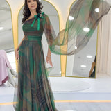 Yeşil Batik Desenli Tek Omuz Tül Detaylı Abiye Elbise