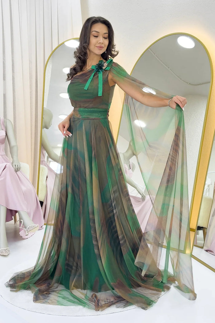 Yeşil Batik Desenli Tek Omuz Tül Detaylı Abiye Elbise 