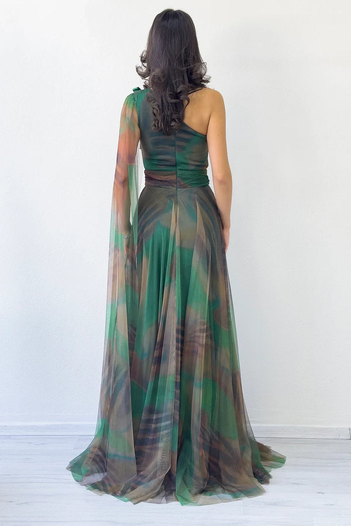 Yeşil Batik Desenli Tek Omuz Tül Detaylı Abiye Elbise 