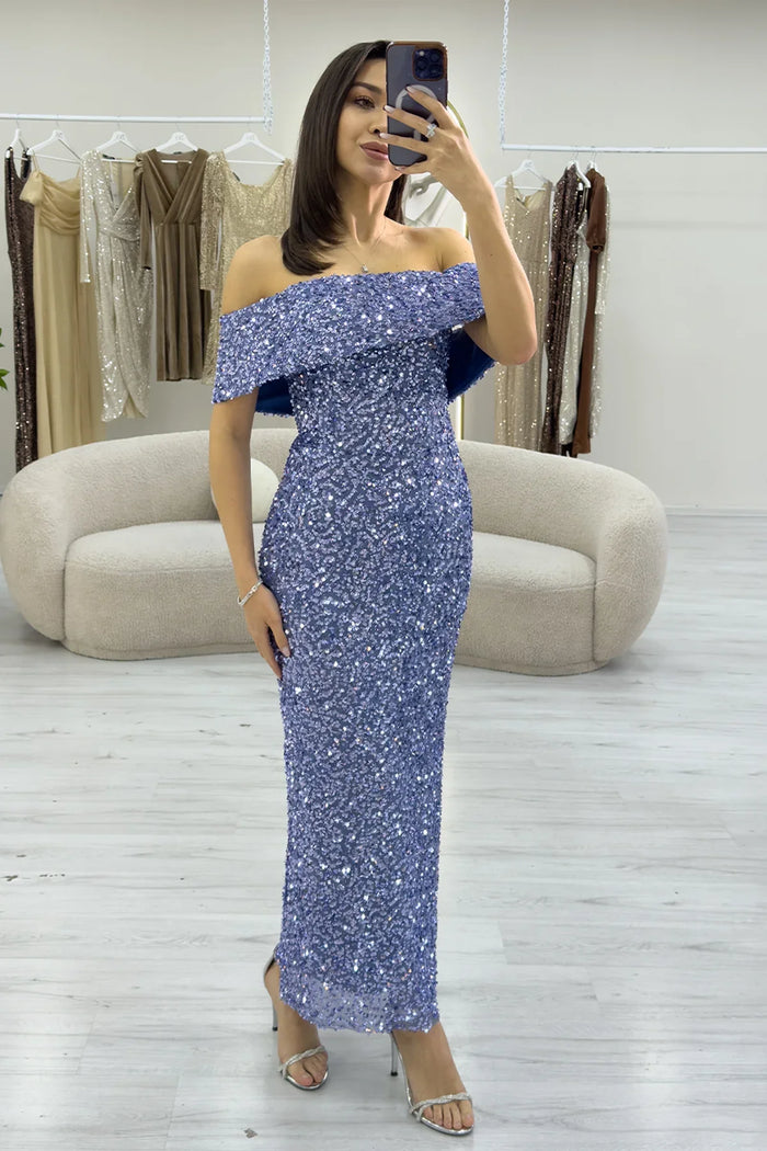 Kadın Bebe Mavi  Madonna Yaka Pul İşlemeli Kalem Midi Boy Abiye Elbise