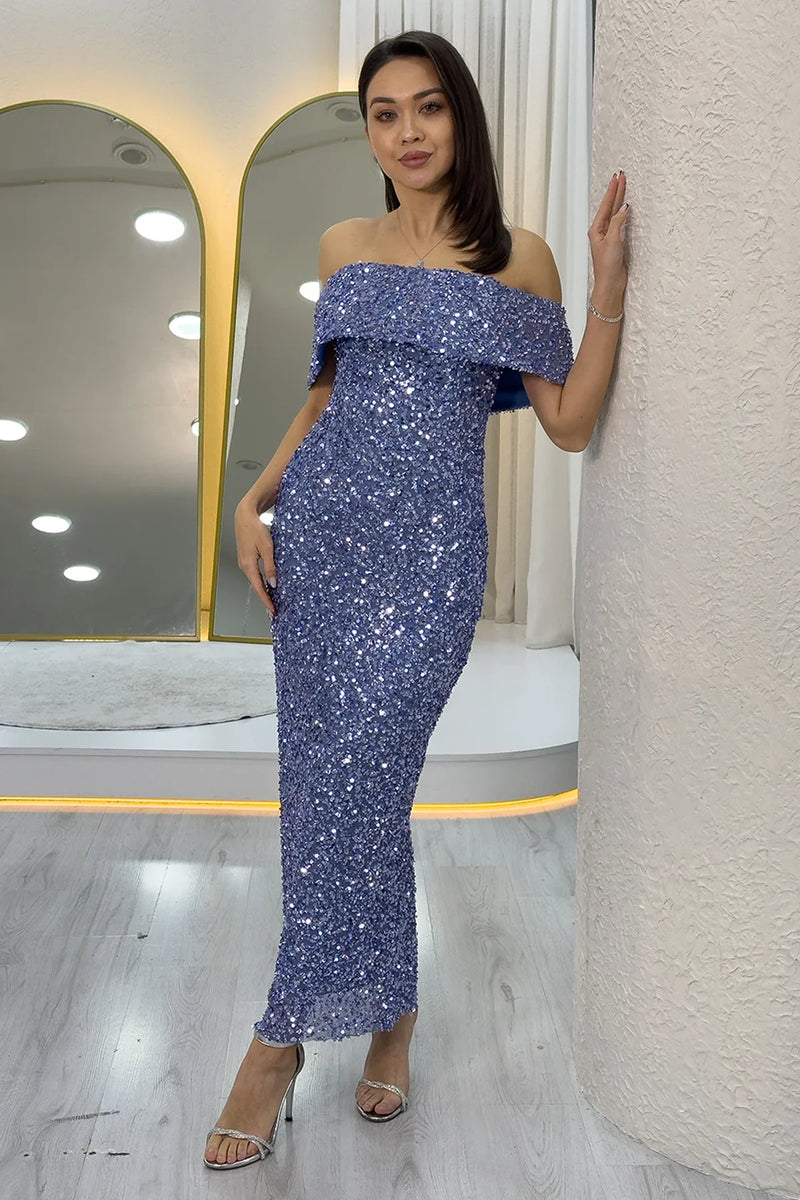 Kadın Bebe Mavi  Madonna Yaka Pul İşlemeli Kalem Midi Boy Abiye Elbise