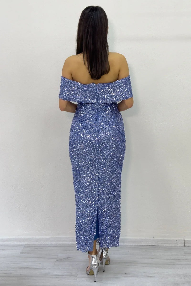 Kadın Bebe Mavi  Madonna Yaka Pul İşlemeli Kalem Midi Boy Abiye Elbise