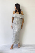 Kadın Bej Madonna Yaka Pul İşlemeli Kalem Midi Boy Abiye Elbise 