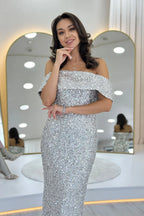 Kadın Bej Madonna Yaka Pul İşlemeli Kalem Midi Boy Abiye Elbise 