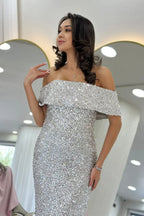 Kadın Bej Madonna Yaka Pul İşlemeli Kalem Midi Boy Abiye Elbise 