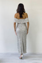 Kadın Bej Madonna Yaka Pul İşlemeli Kalem Midi Boy Abiye Elbise 