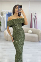 Kadın Haki Madonna Yaka Pul İşlemeli Kalem Midi Boy Abiye Elbise