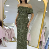 Kadın Haki Madonna Yaka Pul İşlemeli Kalem Midi Boy Abiye Elbise