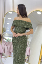 Kadın Haki Madonna Yaka Pul İşlemeli Kalem Midi Boy Abiye Elbise