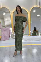 Kadın Haki Madonna Yaka Pul İşlemeli Kalem Midi Boy Abiye Elbise