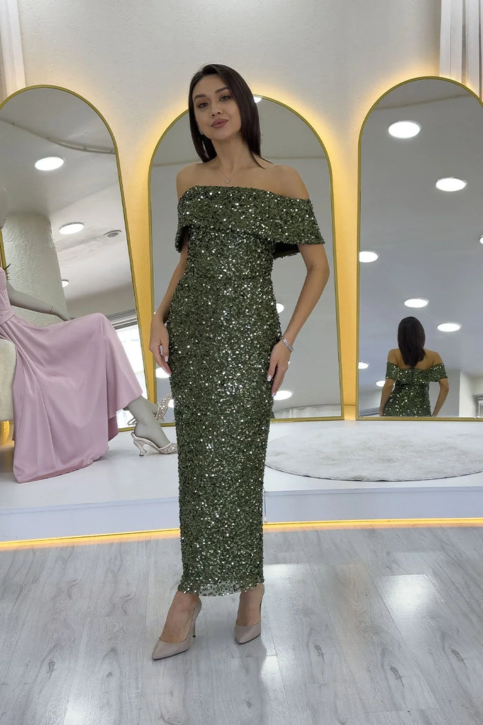 Kadın Haki Madonna Yaka Pul İşlemeli Kalem Midi Boy Abiye Elbise